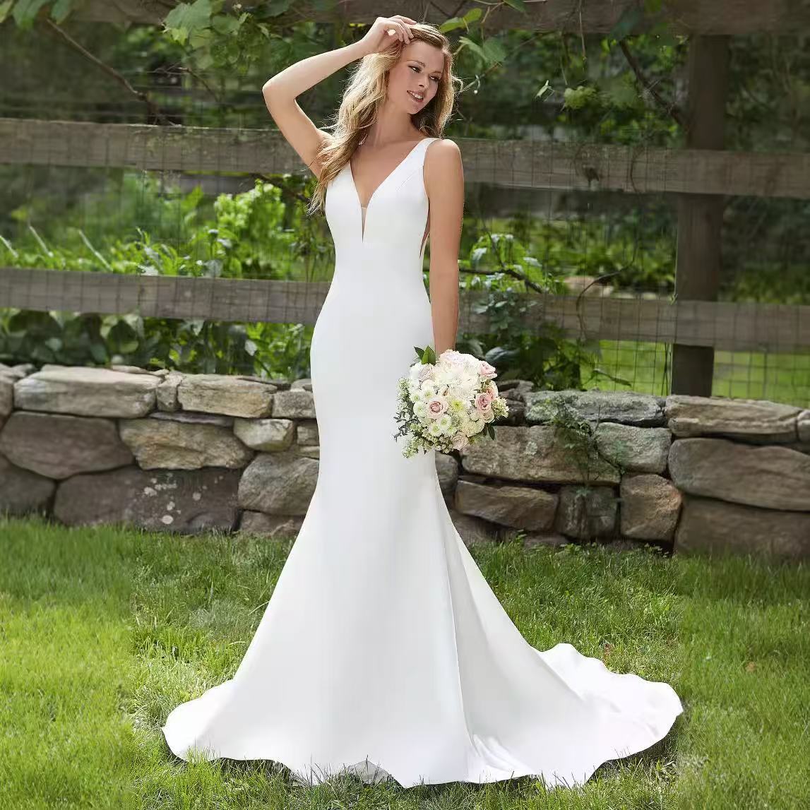 V-Neck Satin Mermaid Bridal Wedding Dress - Fashionpara