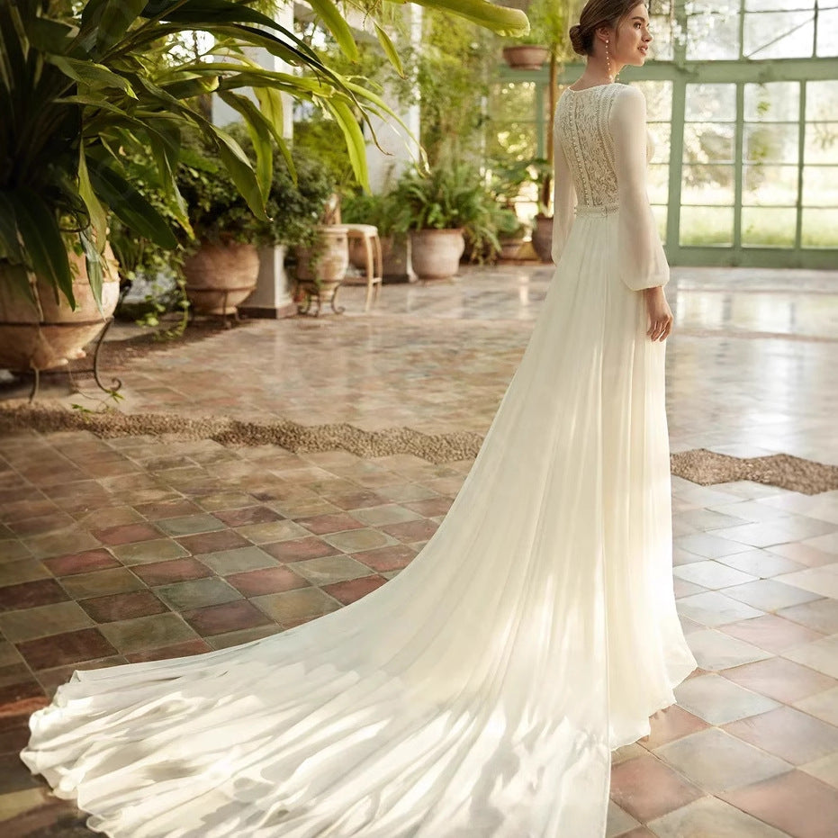 Long Sleeve Sheer Tulle Bridal Wedding Dress - Fashionpara