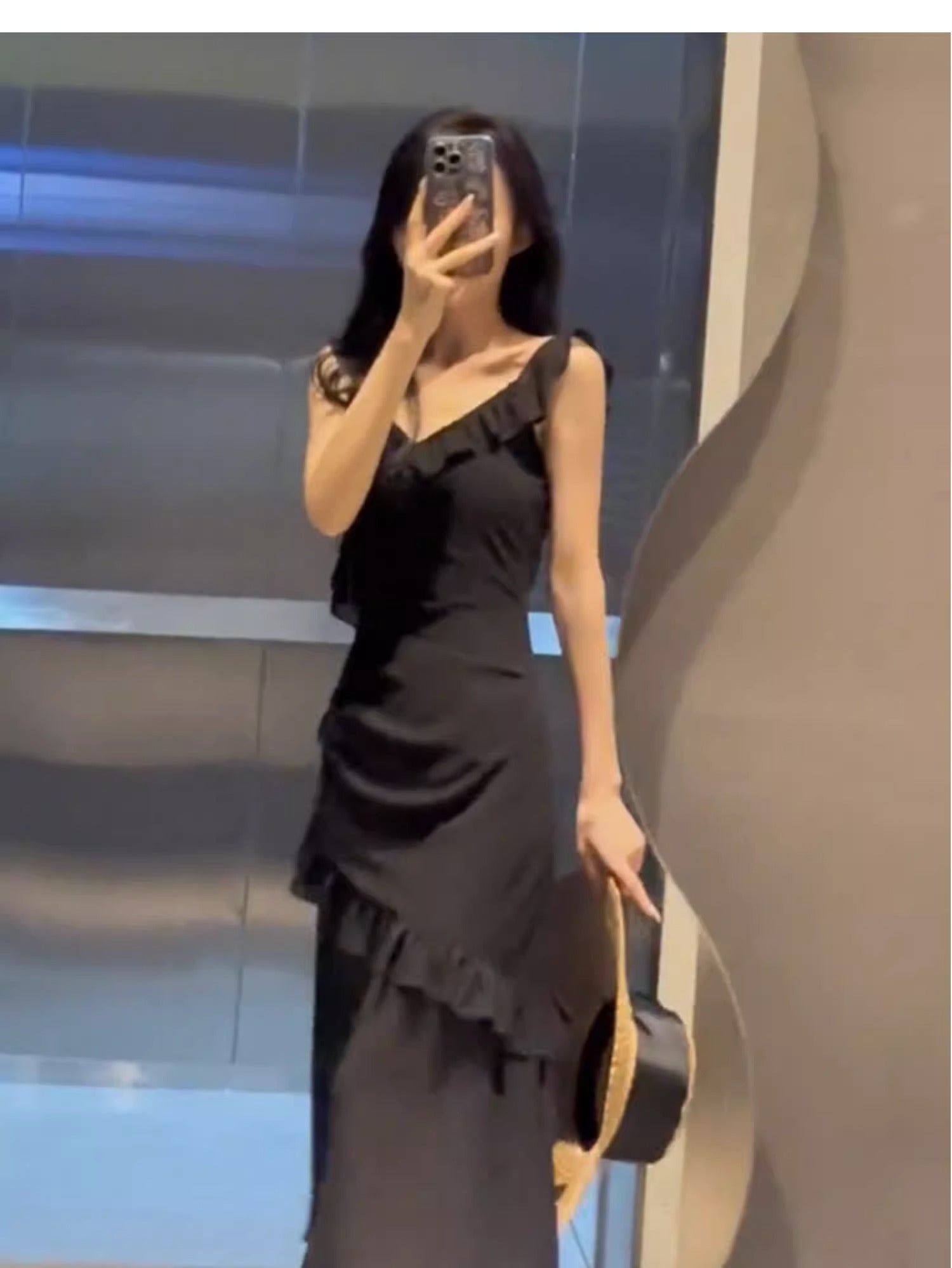 Sexy Sheath V Neckline Ruffled Black Chiffon Beach Dress Women's Vacation Dresses
