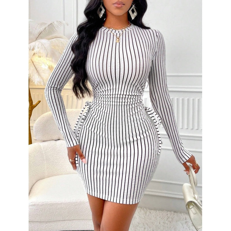 Paula Premium Women's Bodycon Dress with Striped Pattern and Ruffles Elevated Occasion Wear