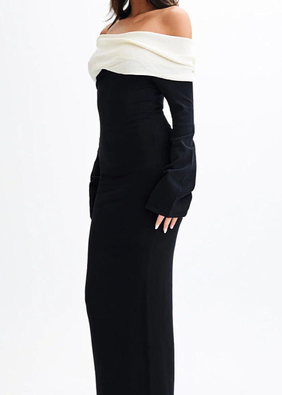 Noir Elegance Off Shoulder Contrast Maxi Dress