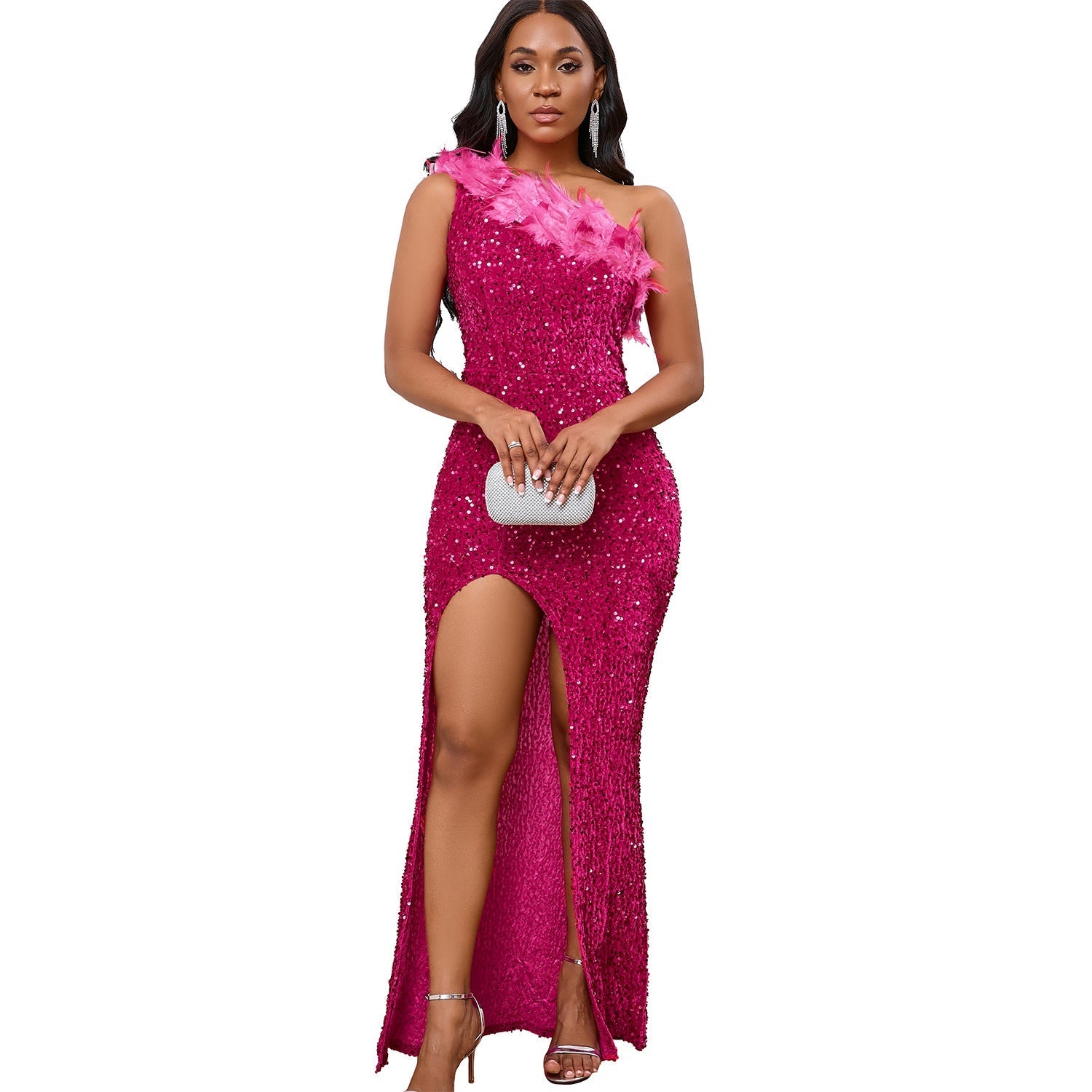 A Side-Neck Slit Sequin Dress