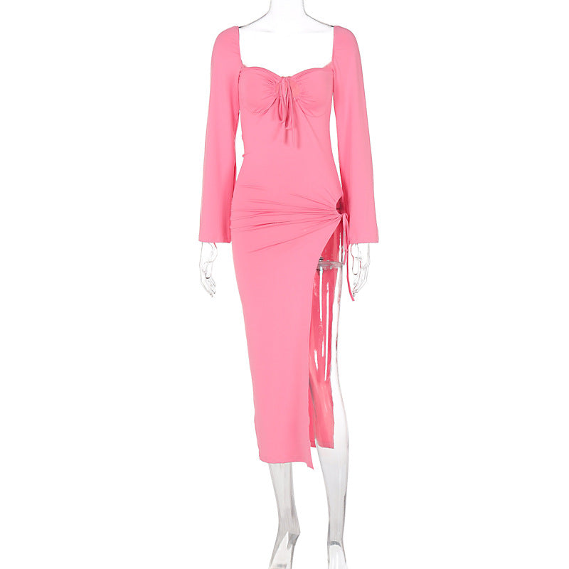 Long Sleeve Lace Up Slim Fit Backless Hollow Out Cutout Split Dress