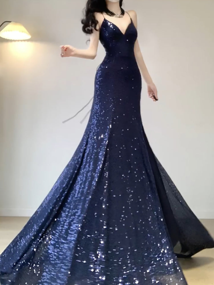 Chic Mermaid Spaghetti Straps Sequin Blue Prom Dress Birthday Dresses Birthday Outfits - FashionDia