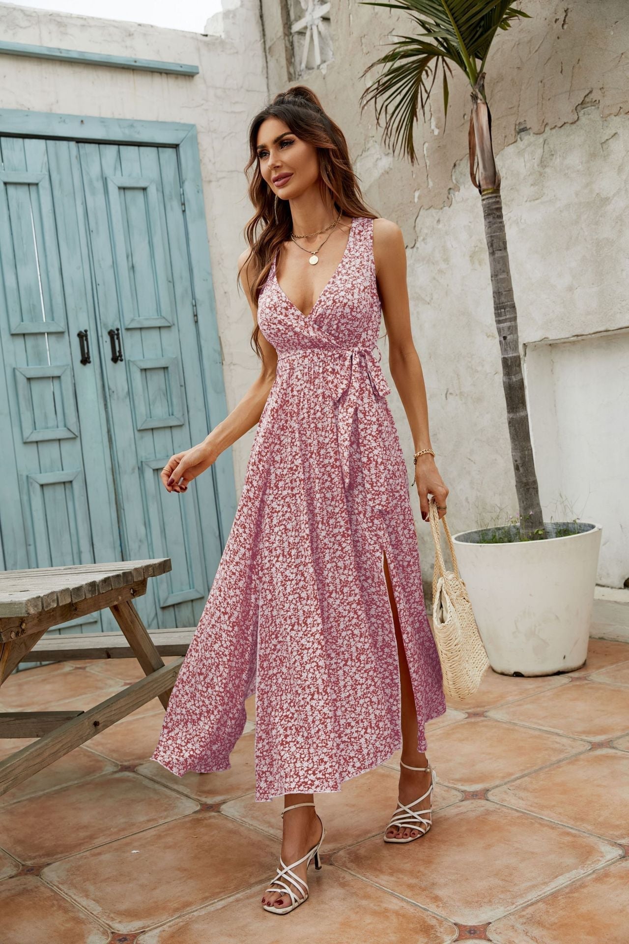 Trystan Floral Crochet Tiered Maxi Dress Coral