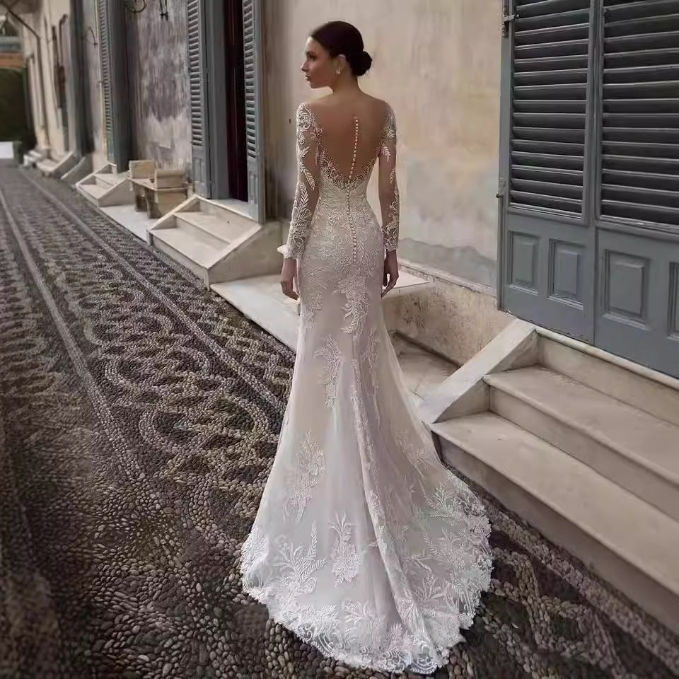 Deep V-Neck Backless Mermaid Wedding Dress - Fashionpara