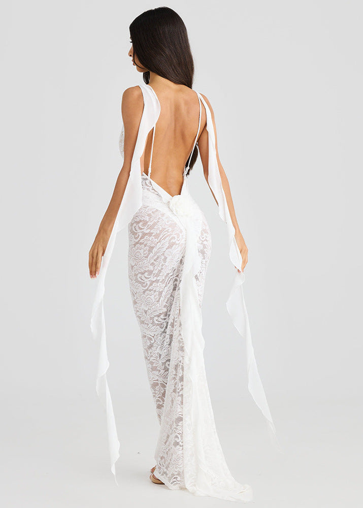 Celestine Sheer Lace Backless Maxi Dress