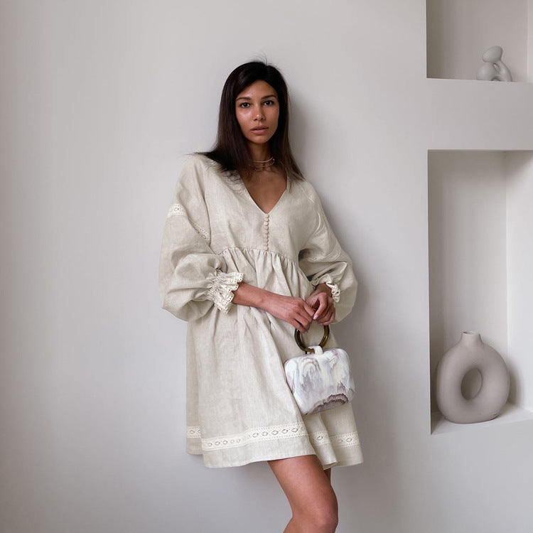 Cotton Linen French Dress Office V neck Lantern Sleeve Loose Dress