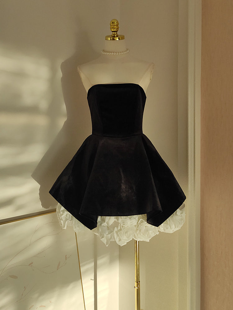 Sexy A line Strapless Velvet Black Holiday Dress Travel Vacation Dresses Short Birthday Dress
