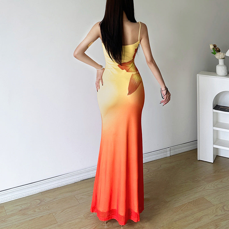 Gradient square neck backless contrast 2-way cami midi dress
