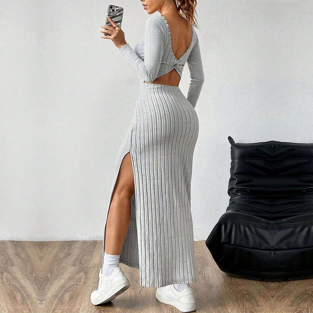 Simple Elegant Dress Square Collar Backless Long Sleeve Mid Length Dress