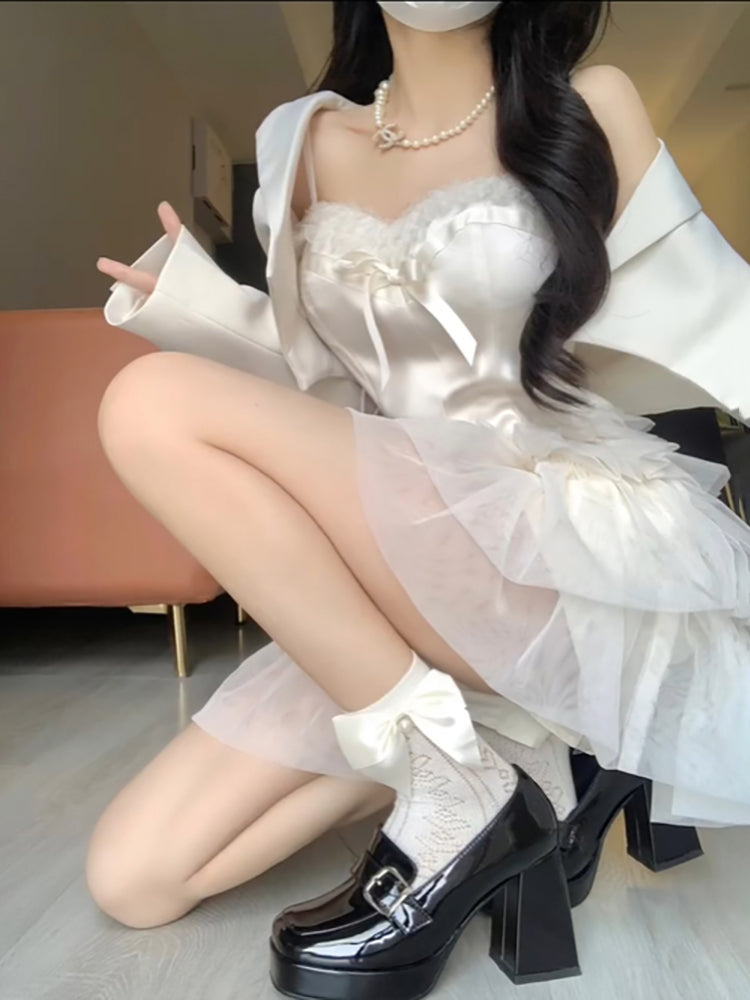 Chic 2 Pieces White Top and Bottom Skirt Tulle Party Dress Birthday Dresses Birthday Outfits
