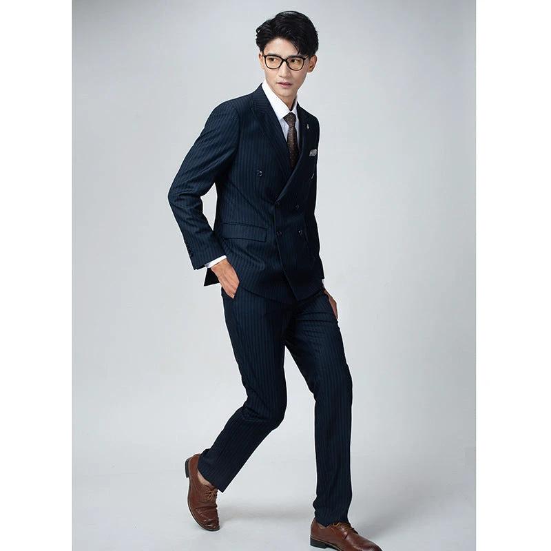 Double Breasted Navy Pinstripe Suit For Men Premium Wool Slim Fit Groom Wedding (ZD17081)