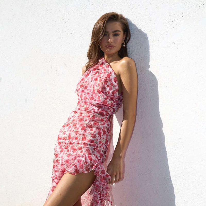 French Small Floral Oblique Shoulder Dress Side Split Tied Dress