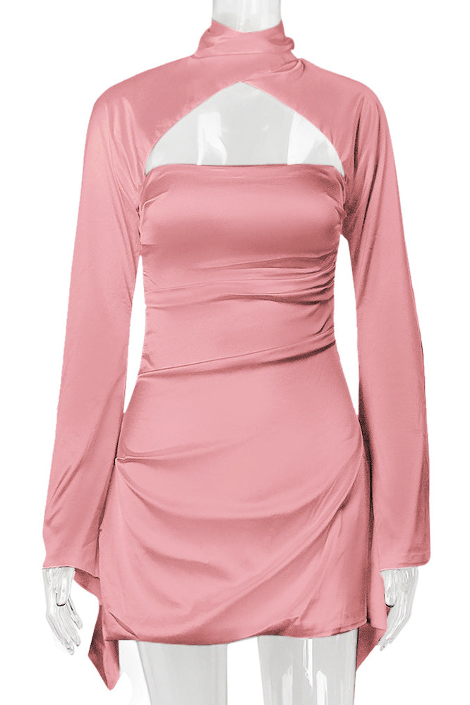Swan Backless Halter Draped Satin Mini Dress - Pink