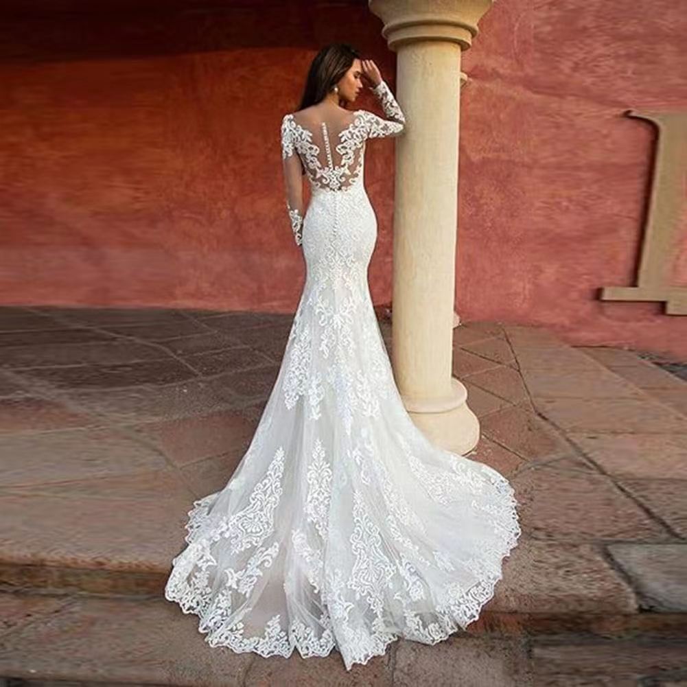 Deep V-Neck Lace Mermaid Wedding Dress - Fashionpara