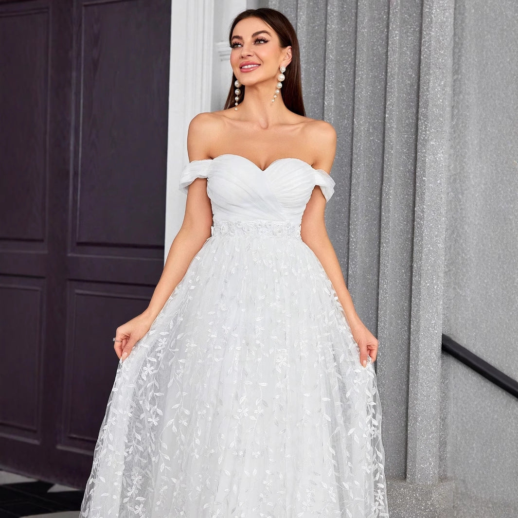 Off Shoulder Evening Dress Elegant Graceful Simple Dress Outdoor Travel Photography Light Wedding Dress - Fashionpara