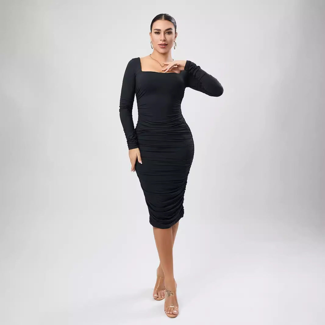 Stretch Solid Color Square Collar Ruffle Hip Slim Fit Mid Length Dress