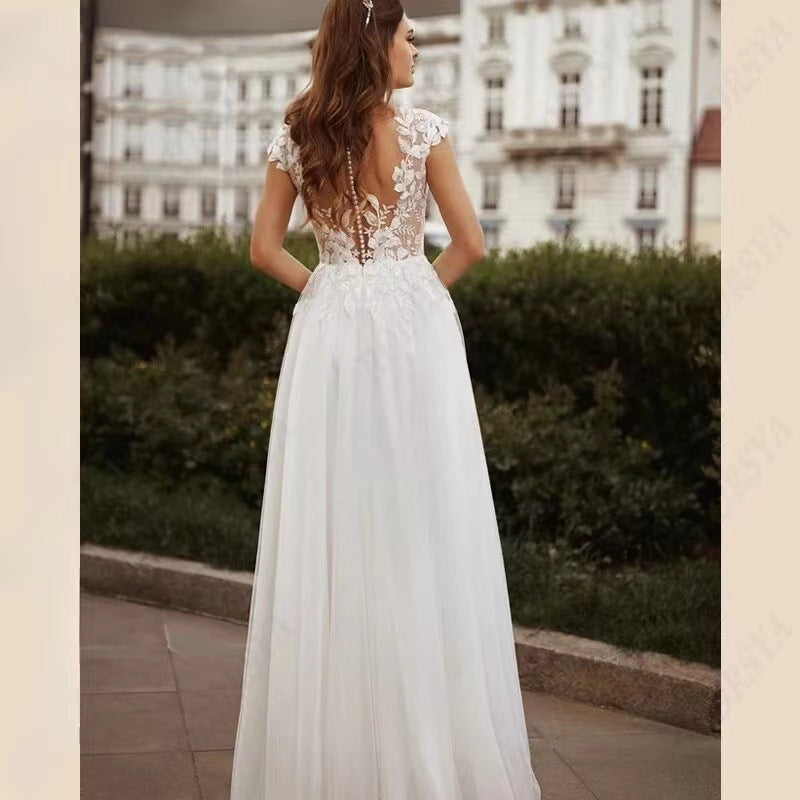 Double Strap Lace V-Neck Wedding Dress - Fashionpara