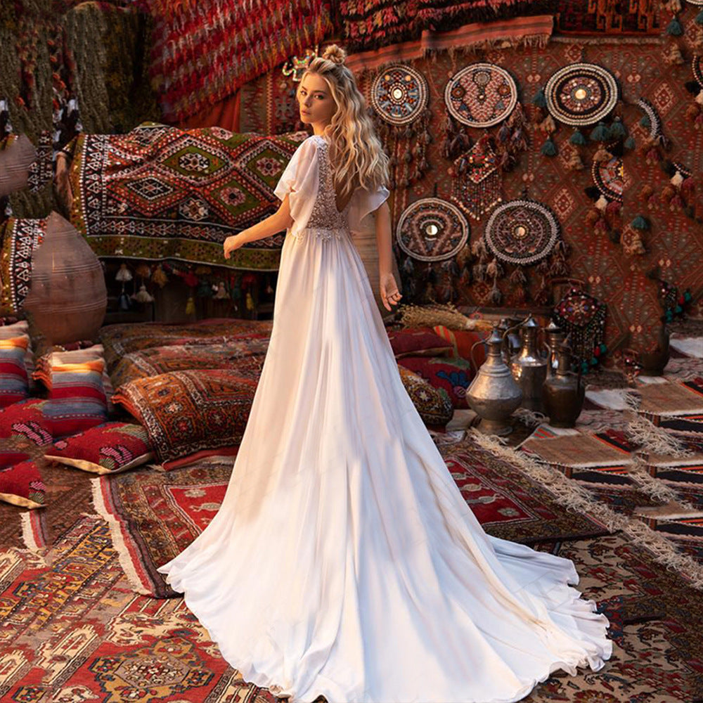 Short Sleeve Deep V-Neck Sheer Wedding Dress - Fashionpara