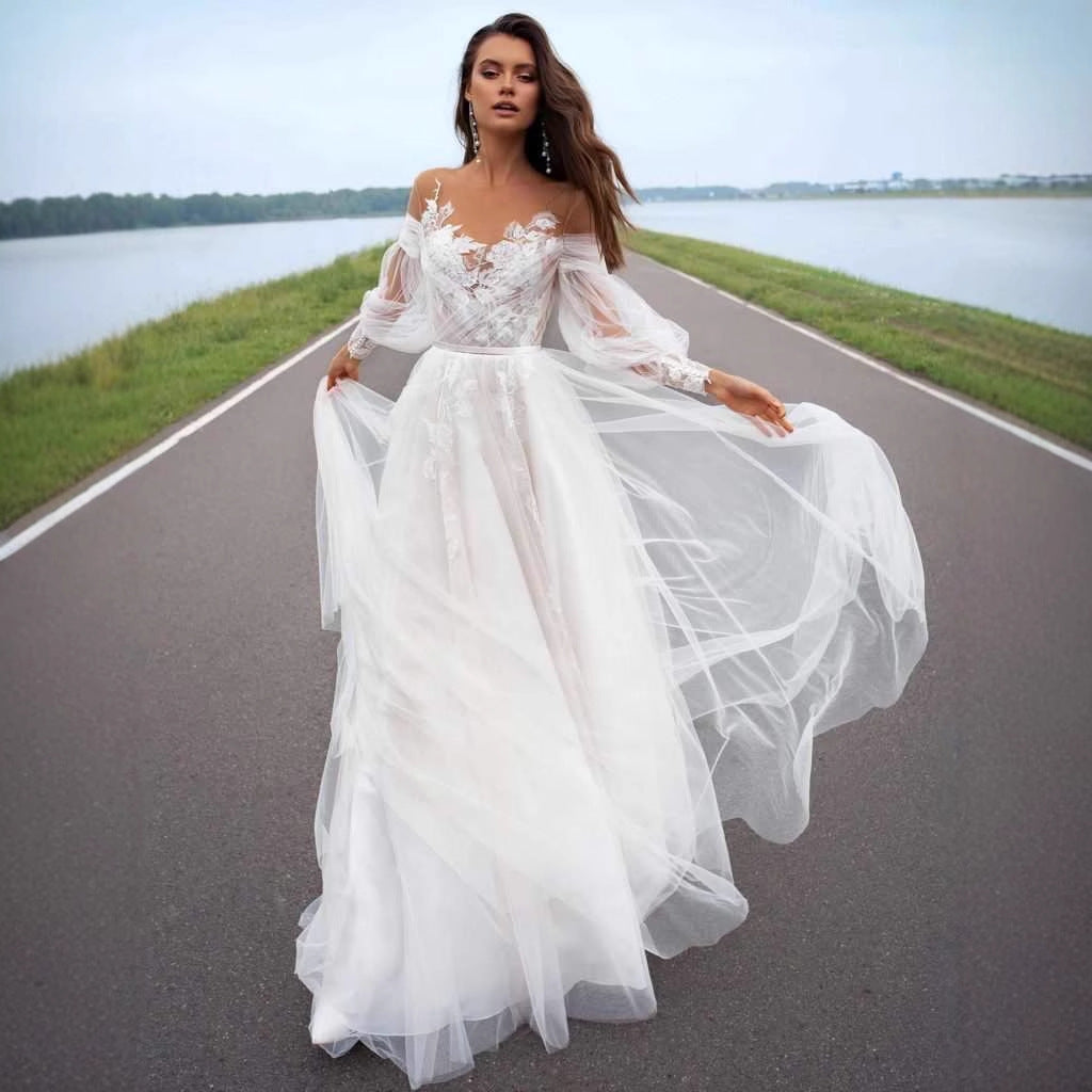 Strapless Bubble Sleeve Sheer Wedding Dress - Fashionpara