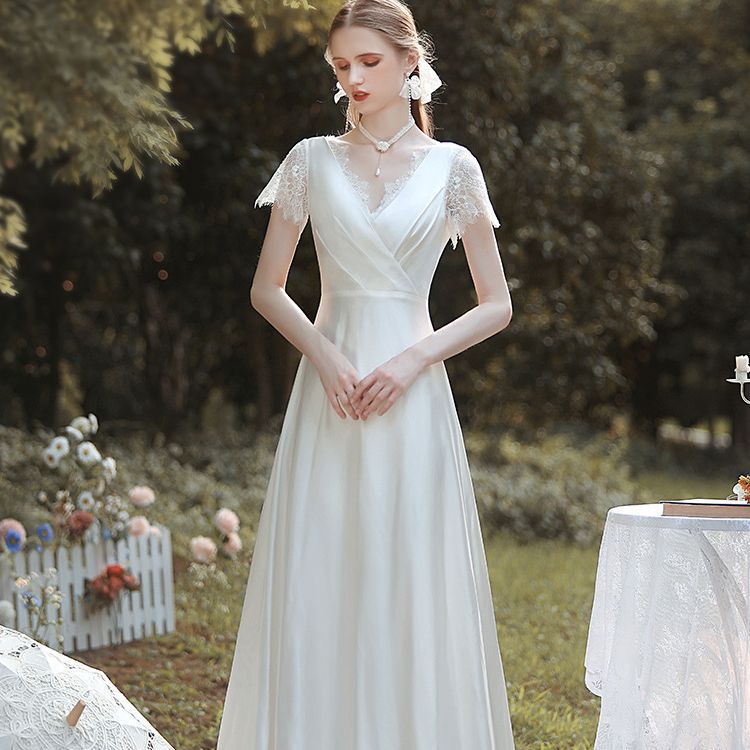 Satin V-Neck Lace Wedding Dress - Fashionpara