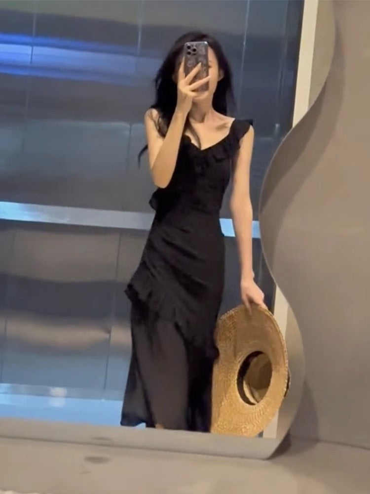 Sexy Sheath V Neckline Ruffled Black Chiffon Beach Dress Women's Vacation Dresses