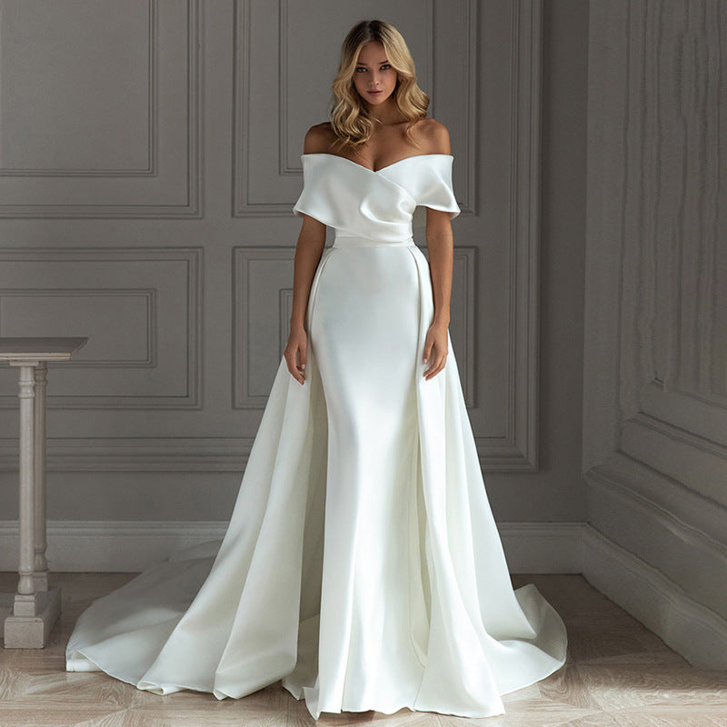 Off-Shoulder Satin Tail Wedding Dress - Fashionpara
