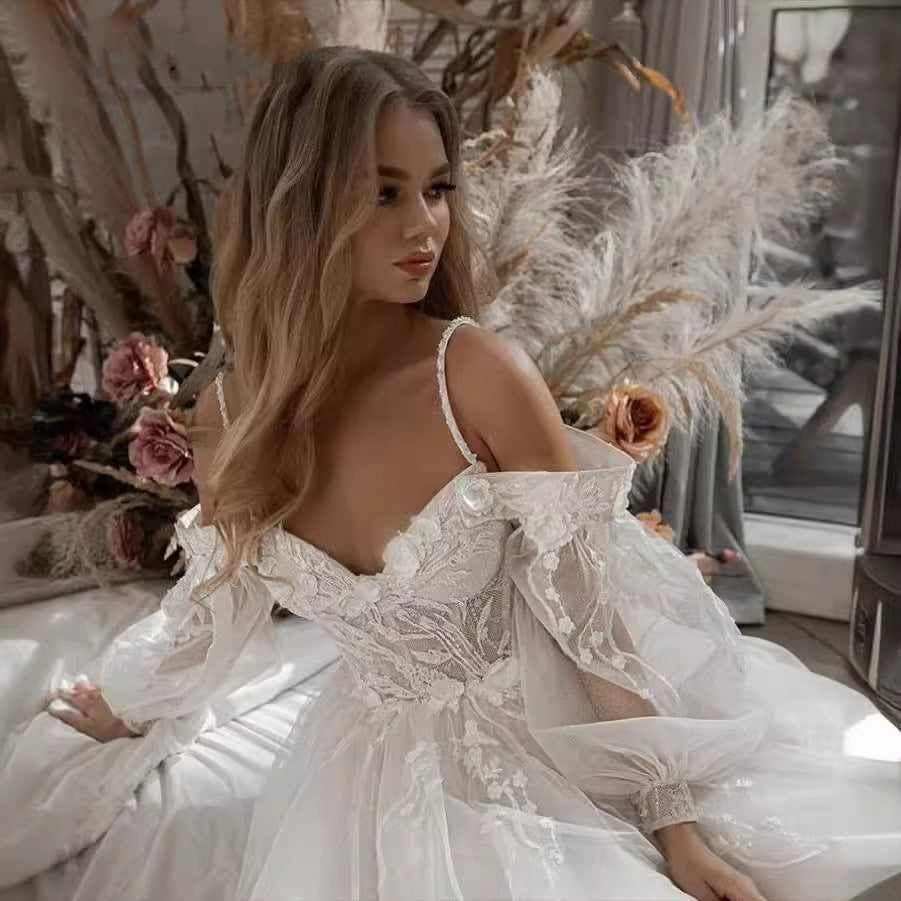 Strapless Lace Long Train Wedding Dress - Fashionpara