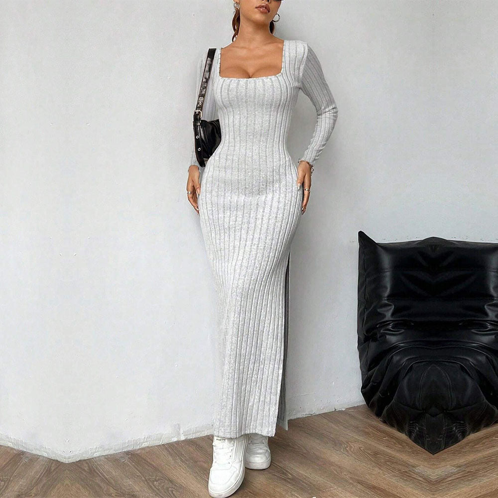 Simple Elegant Dress Square Collar Backless Long Sleeve Mid Length Dress