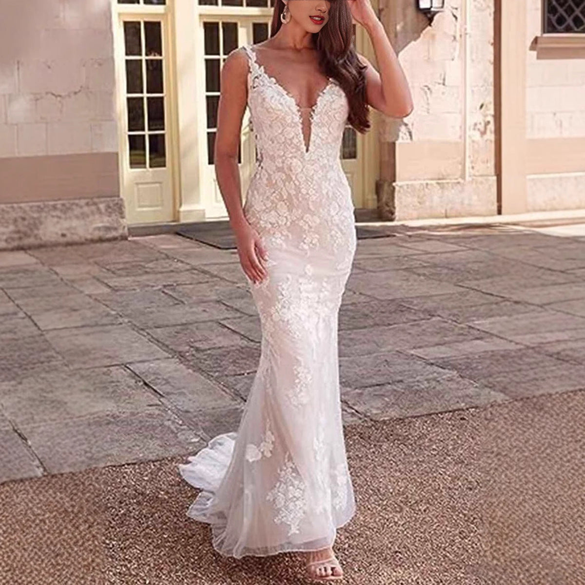 V-Neck Lace Mermaid Bridal Wedding Dress - Fashionpara