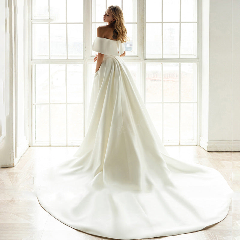 Off-Shoulder Satin Tail Wedding Dress - Fashionpara