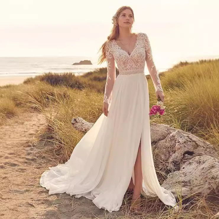 Long Sleeve Sheer Tulle Bridal Wedding Dress - Fashionpara