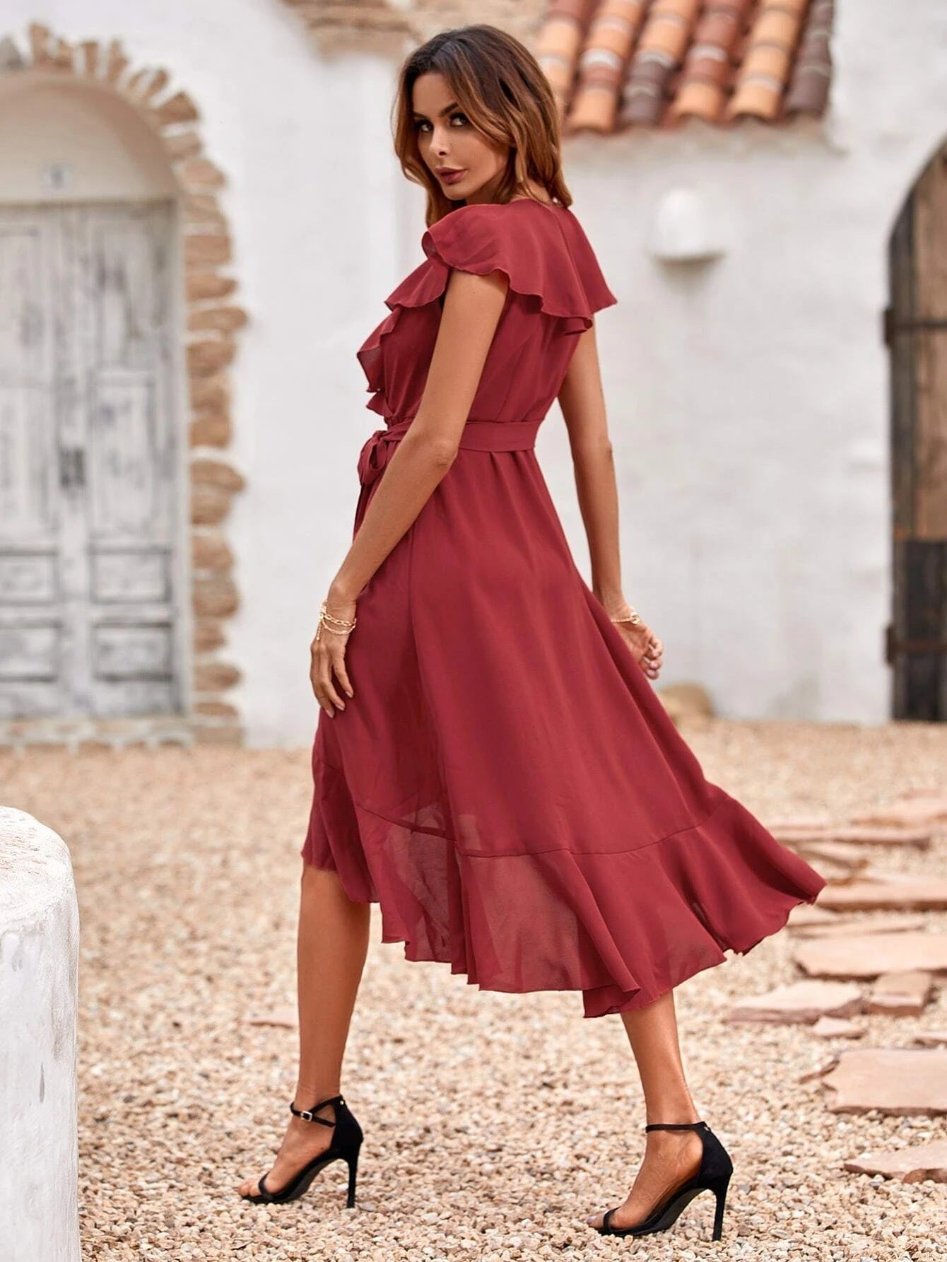 Red Carpet Ruffle Wrap High Low Maxi Dress Maroon FINAL