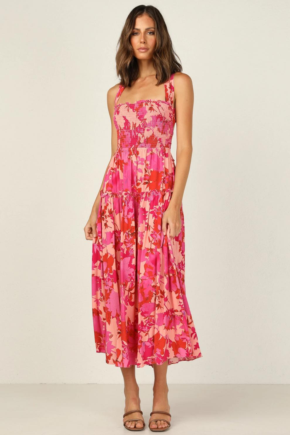 Edris Cotton Floral Tiered Midi Dress Coral Pink