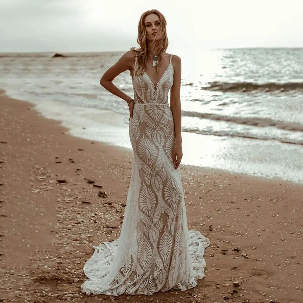 Deep V-Neck Lace Mermaid Wedding Dress - Fashionpara