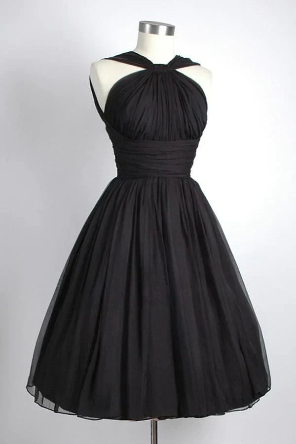 Vintage Knee-Length Sleeveless Open Back Black Homecoming Dress Ruched