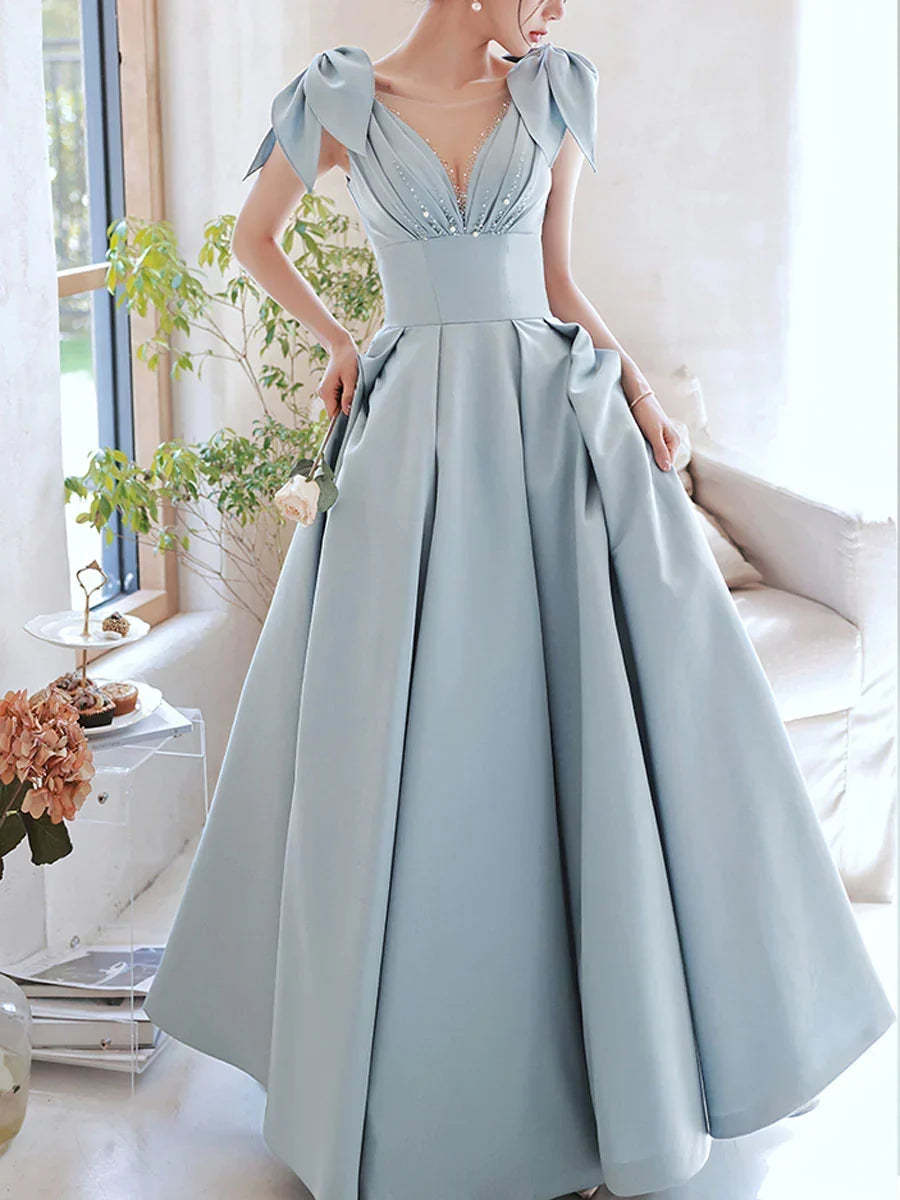 blue v neck satin beads long prom dress, blue evening dress