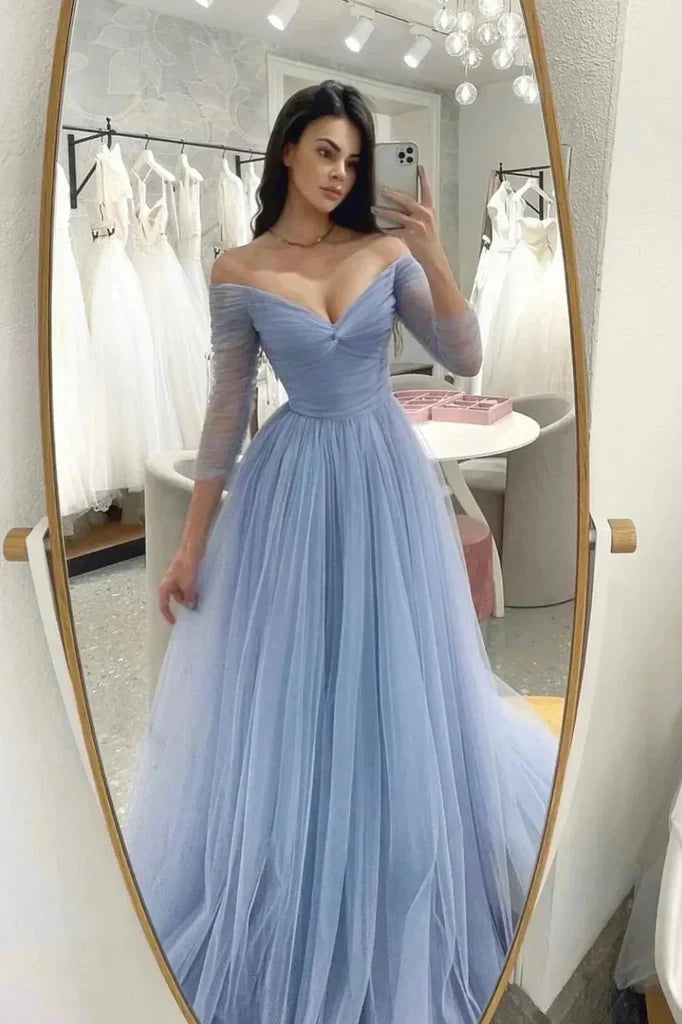 Light Blue 3/4 Sleeves V Neck Long Prom Dresses, A Line Tulle Formal Evening Dresses