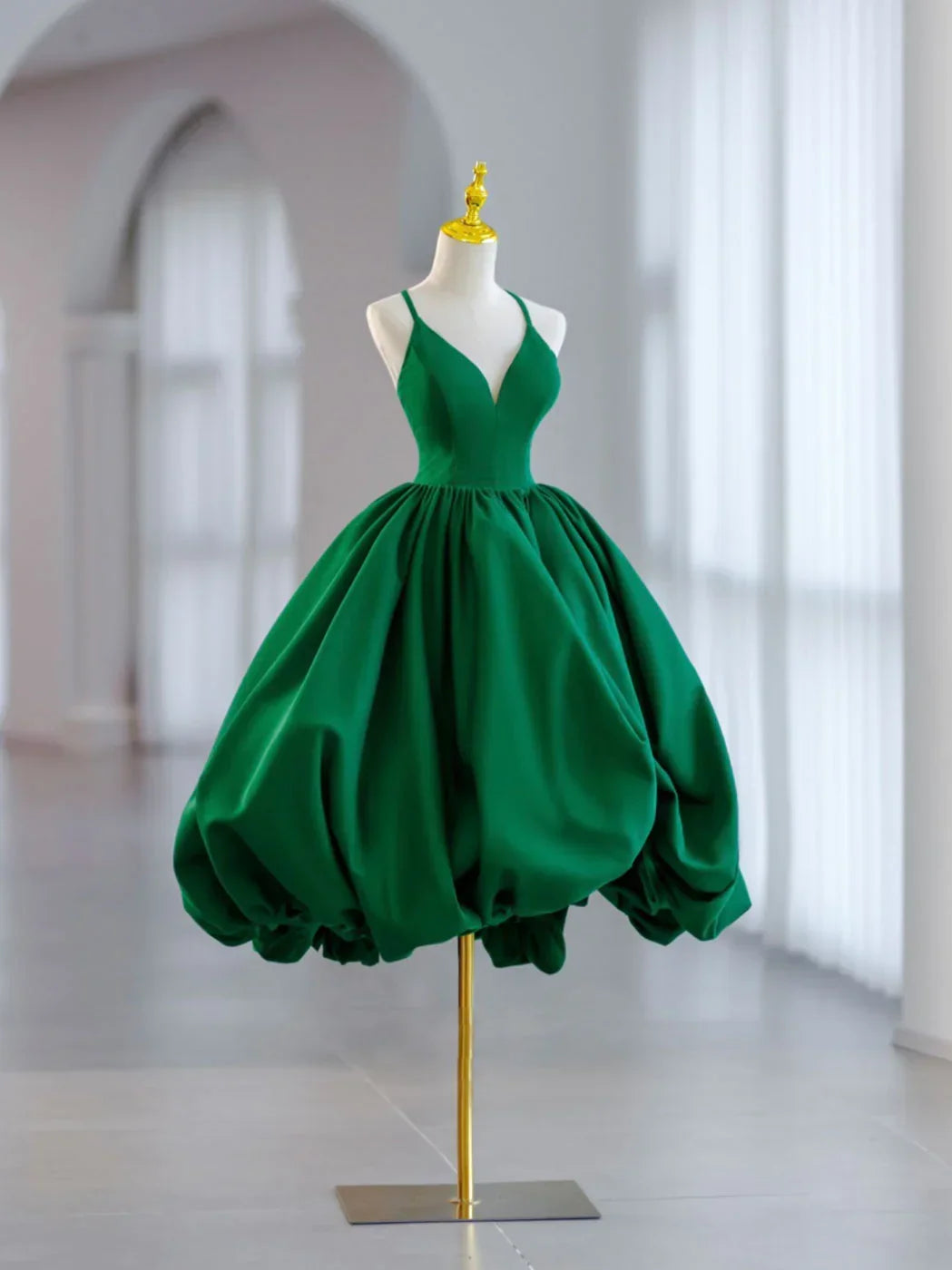 Green Ball Gown Satin Short Prom Dress, Green Satin Evening Dress Green Homecoming Dresses