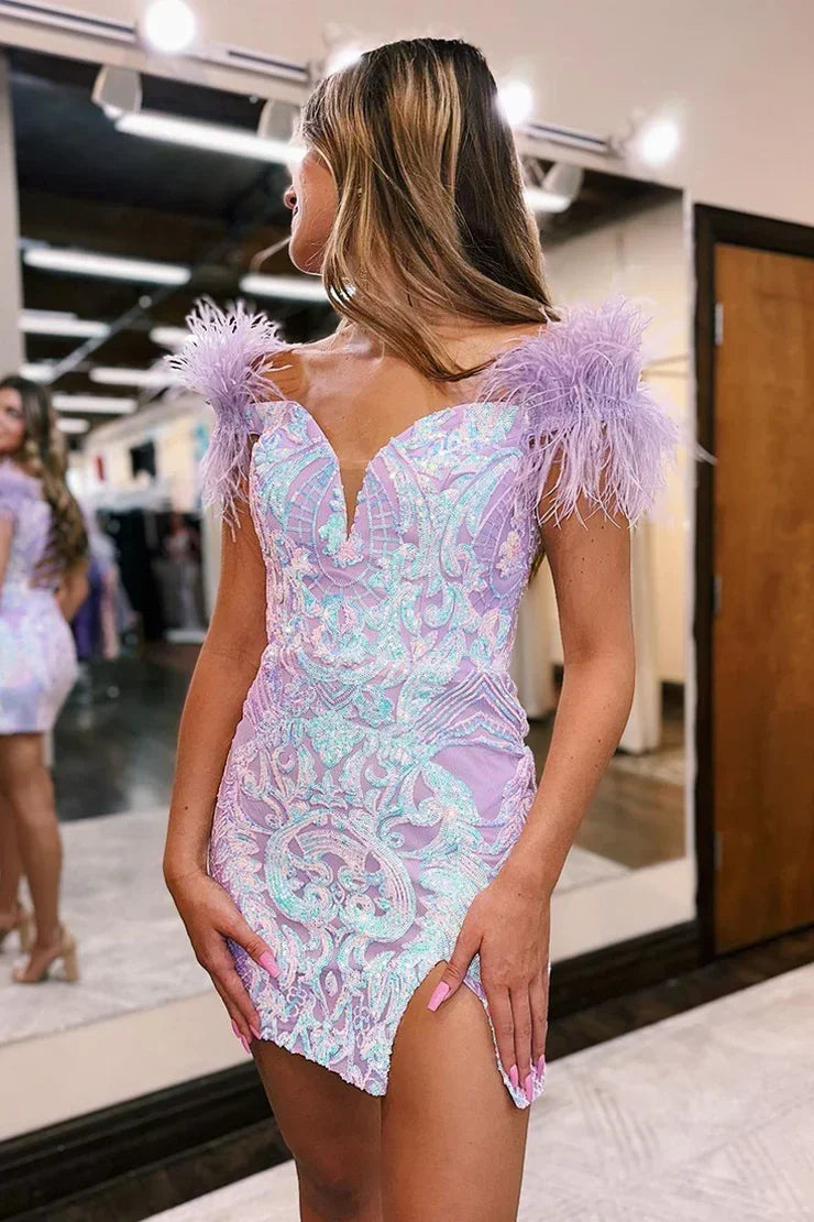 Cute Bodycon Off-the-Shoulder Lavender Sequins Short Homecoming Dresses with Feather - FashionDia