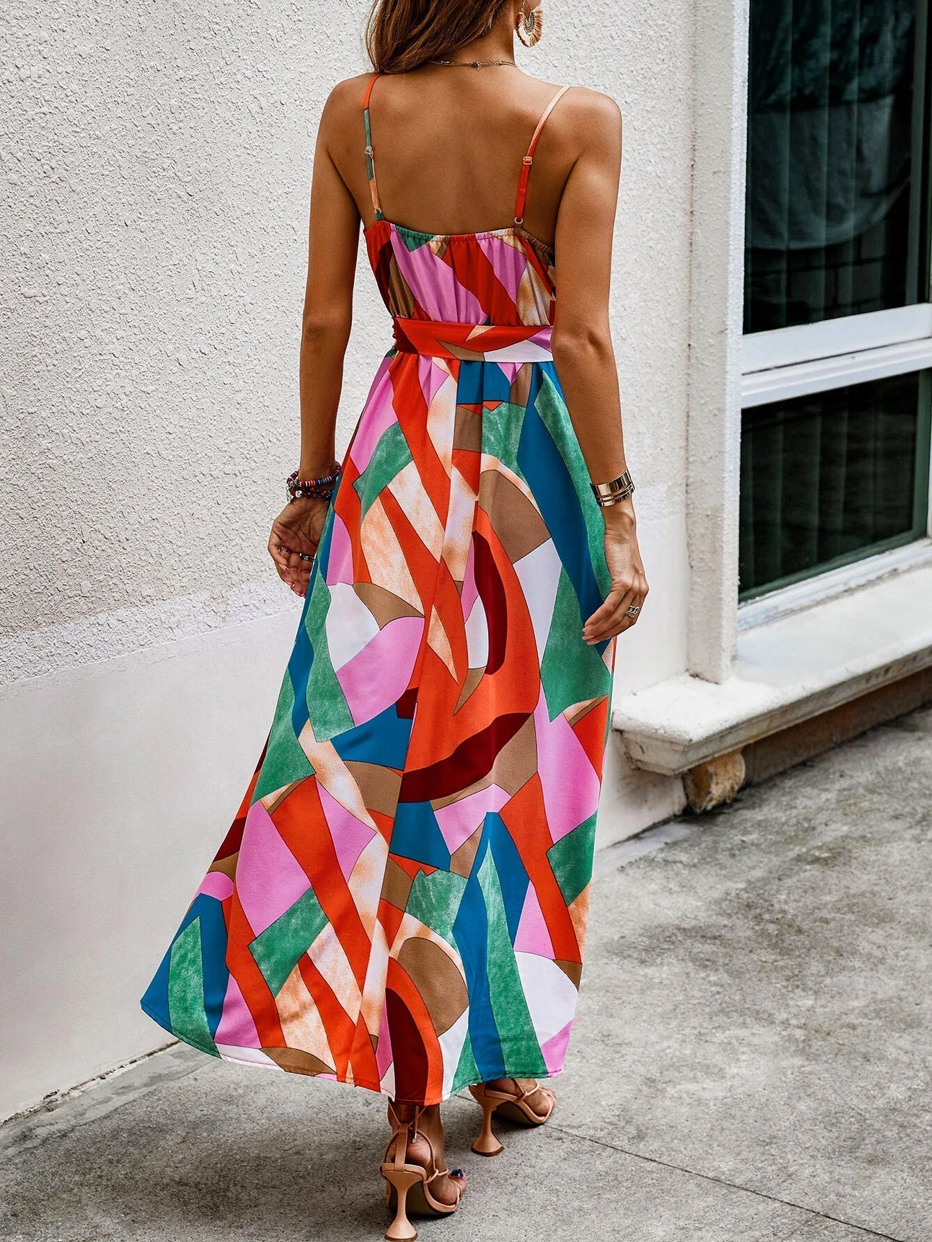 Yadira Timeless Women's Asymmetric Maxi Dress with Colorful Geometric Design and Deep Slit Chic Silhouette Collection