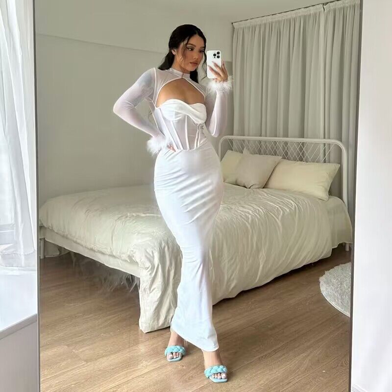 Fall Plush Mesh Stitching Night Club Hollow Out Cutout Dress Slim Fit Dress
