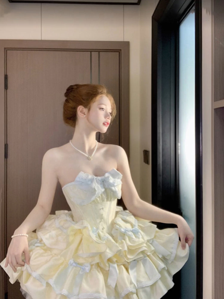 French Ball Gown Strapless Short Champagne Lolita Dresses Party Dress Birthday Outfits - FashionDia