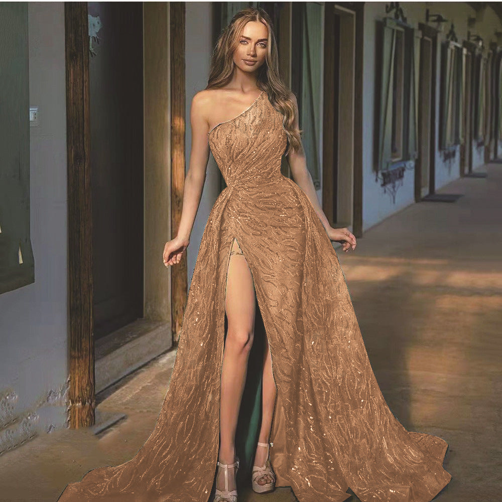 Off-Shoulder Slit Sequined Halter Dress