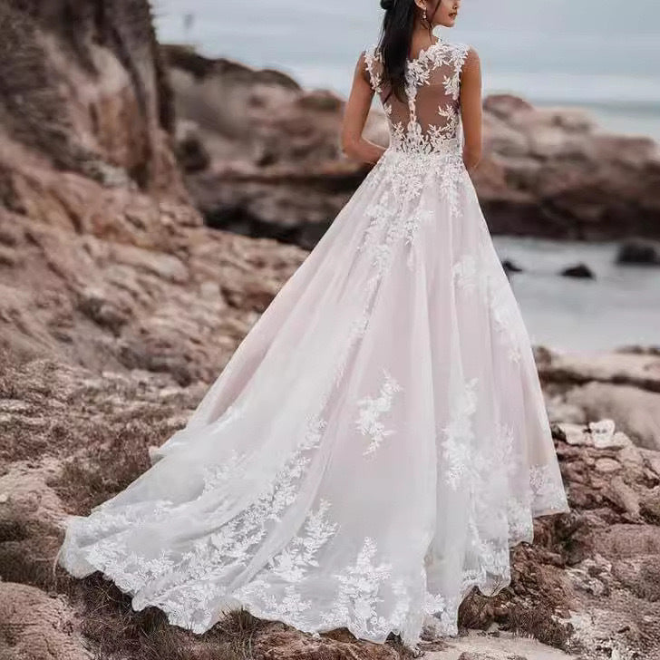 V-Neck Lace A-Line Wedding Dress - Fashionpara