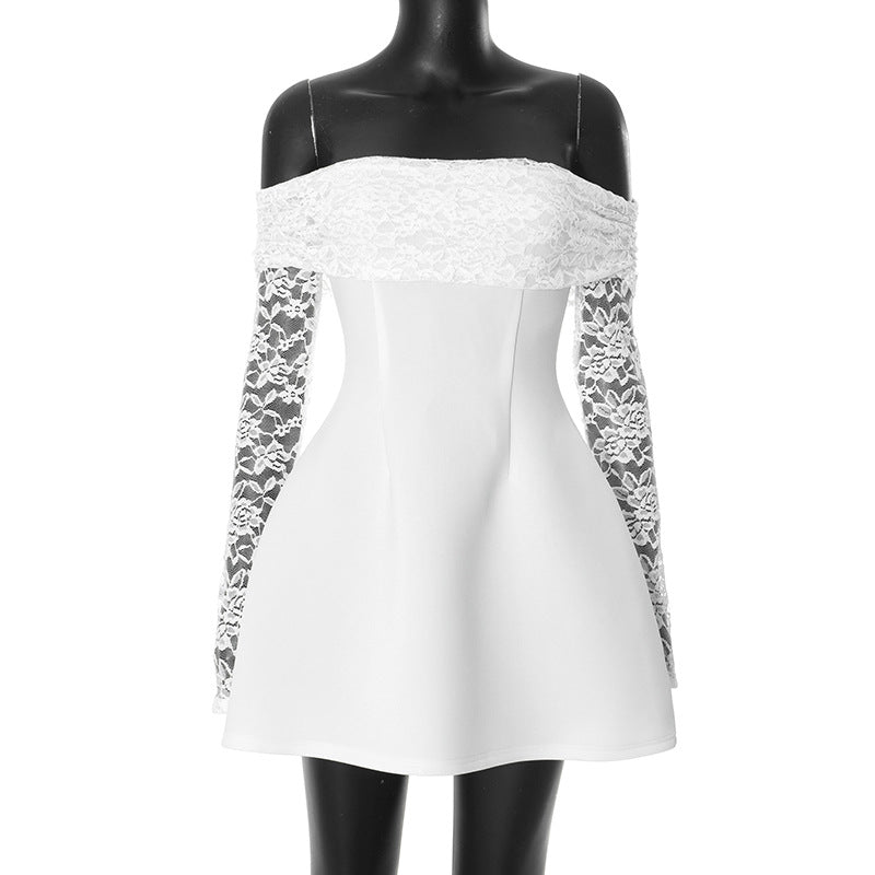 lothing off Neck Lace Stitching Long Sleeve Waist A line Dress