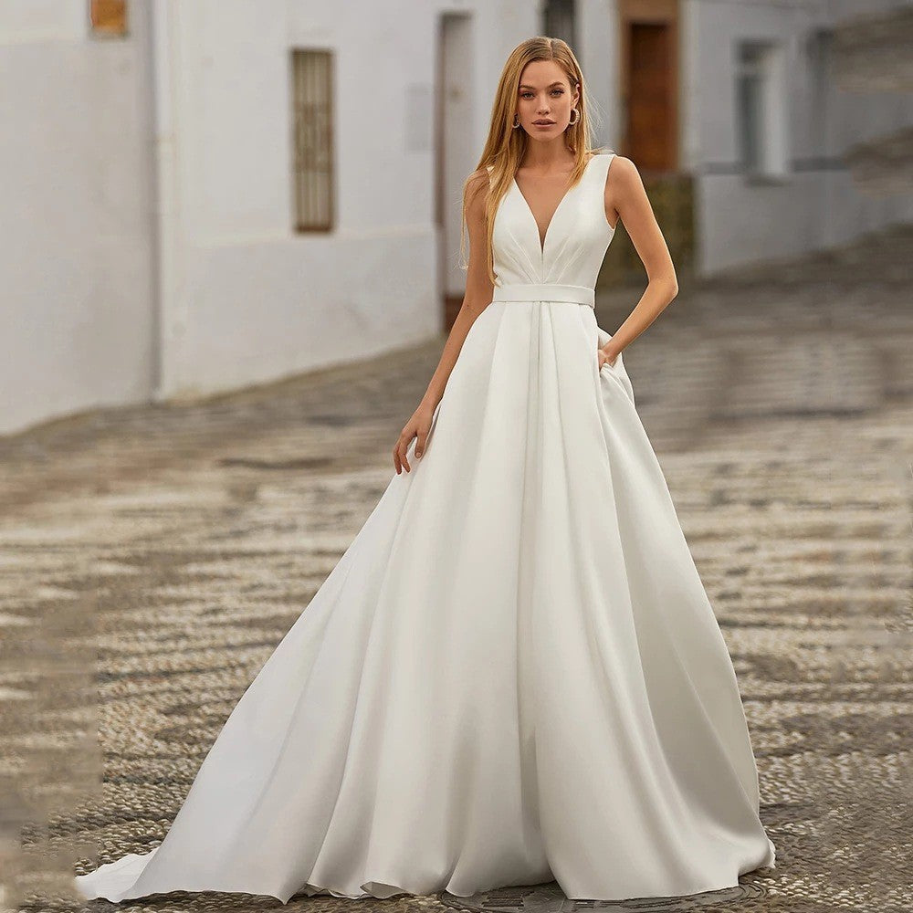 Double Shoulder Backless Tail Wedding Dress - Fashionpara