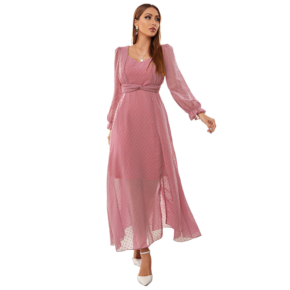 Dress Arrival Pink Voile Long Dress High Waist Slim Fit