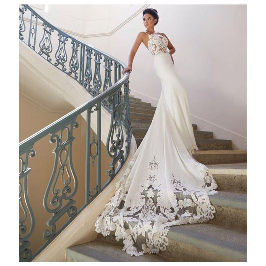 Strapless Deep V-Neck Long Train Wedding Dress - Fashionpara